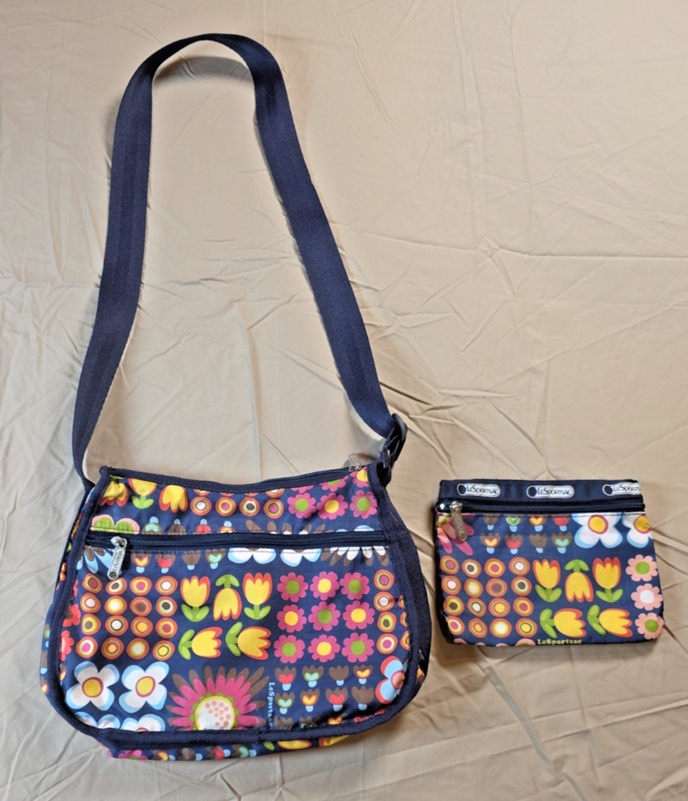 Lesportsac Hobo Vintage Flower Tulip Daisy Navy Background Bag